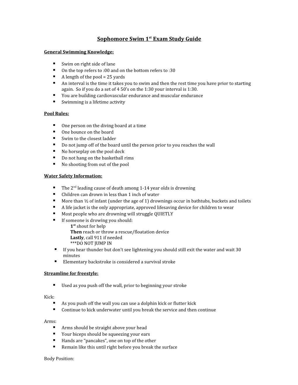 Sophomore Swim 1St Exam Study Guide