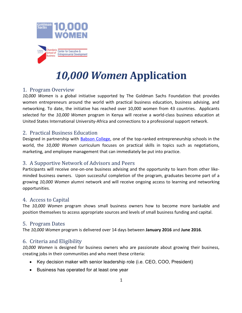 Goldman Sachs 10 000 Women USIU-Africa Application Form