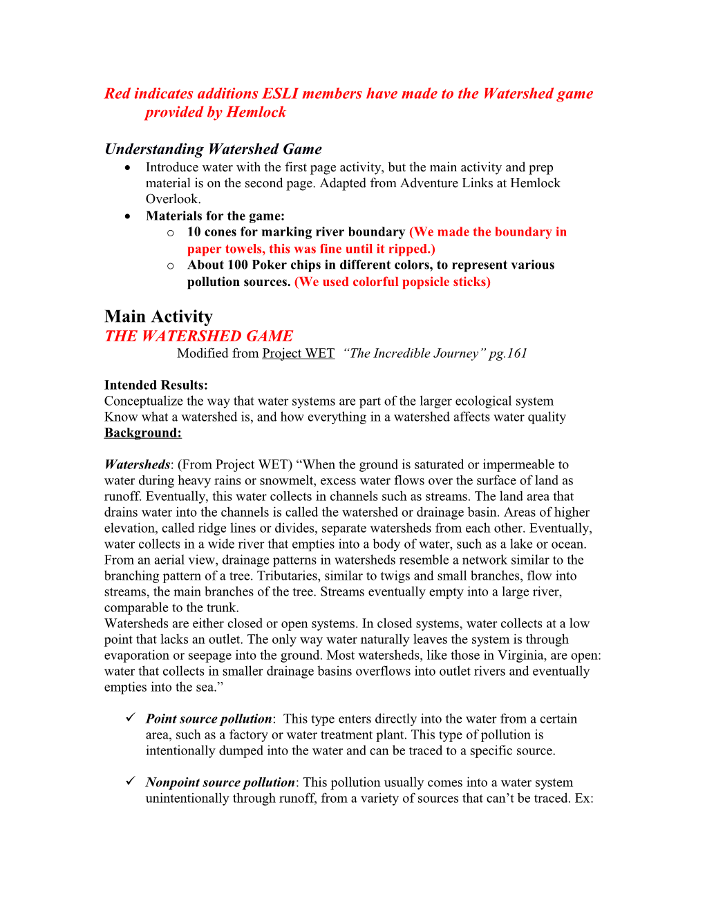Red Indicates Additions ESLI Members Have Made to the Watershed Game Provided by Hemlock