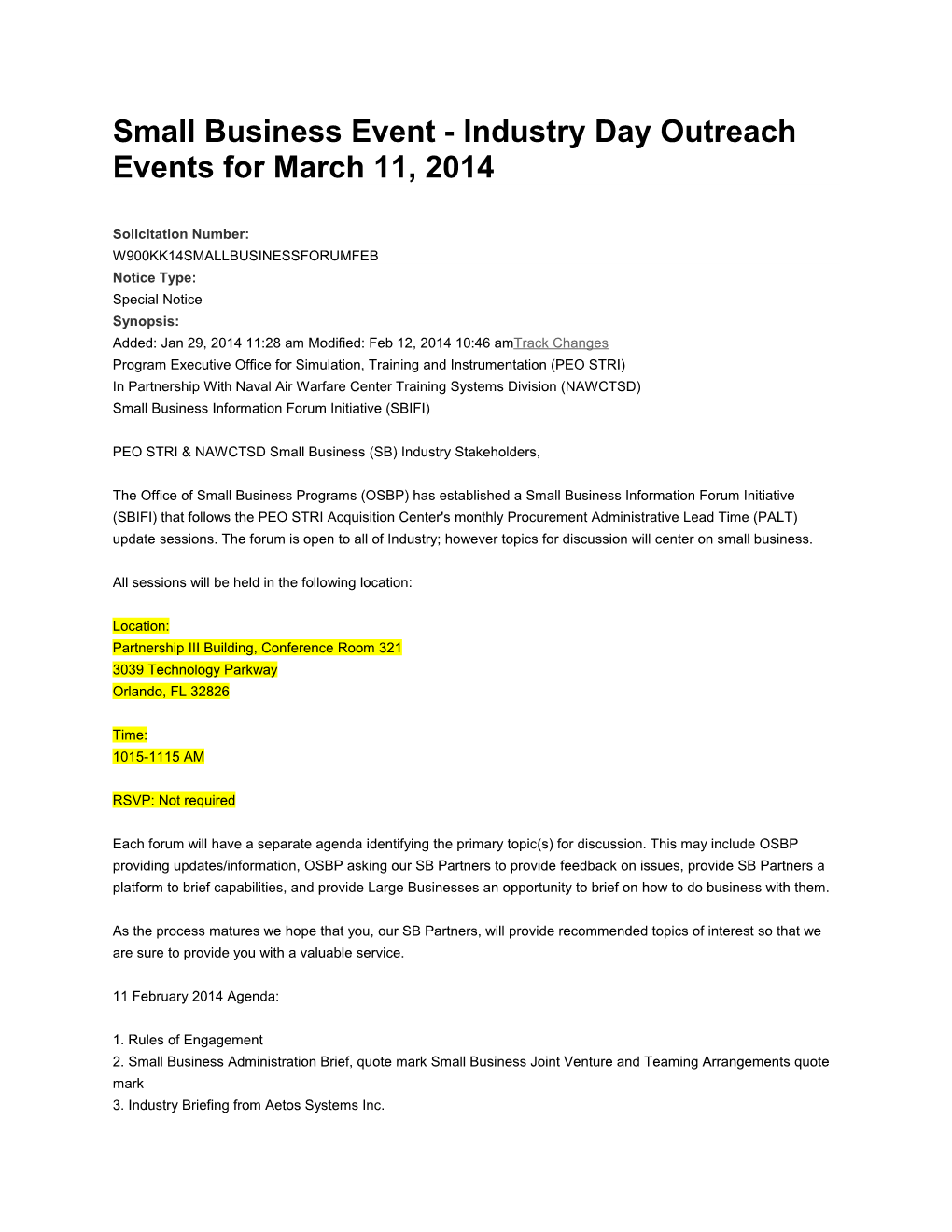 Small Business Event - Industry Day Outreach Events for March 11, 2014