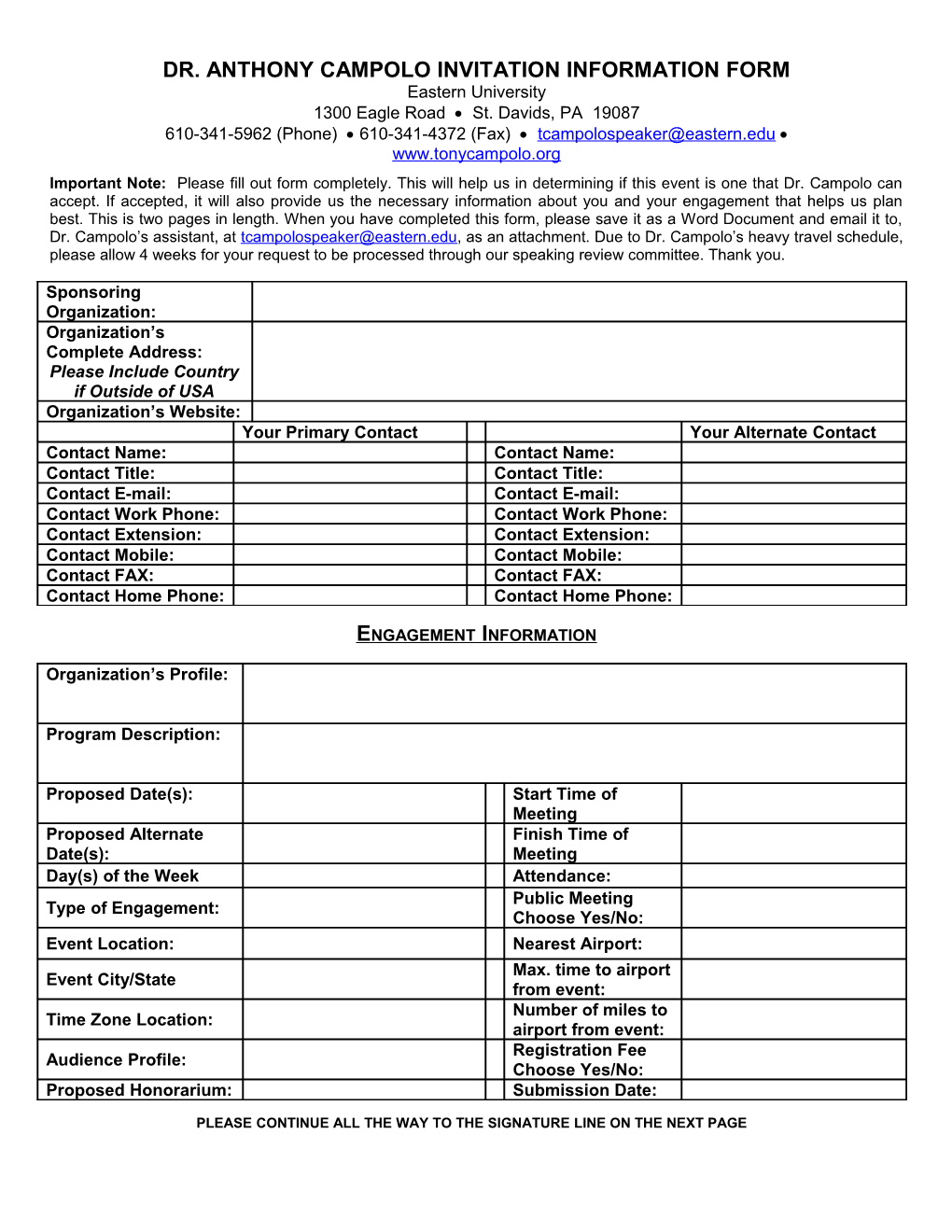 Tony Campolo Speaking Intake Form