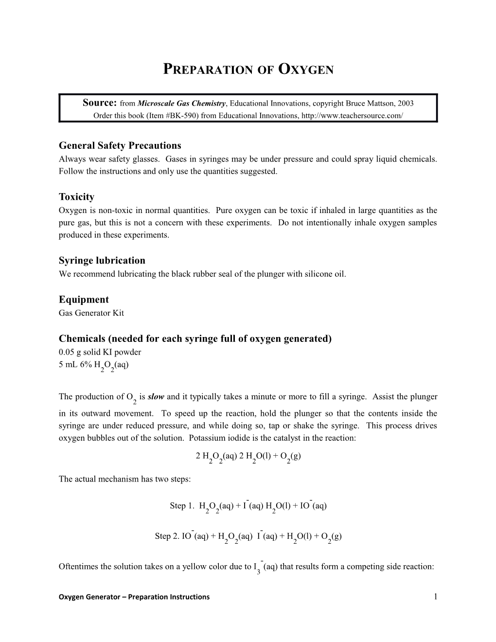 Preparation of Oxygen