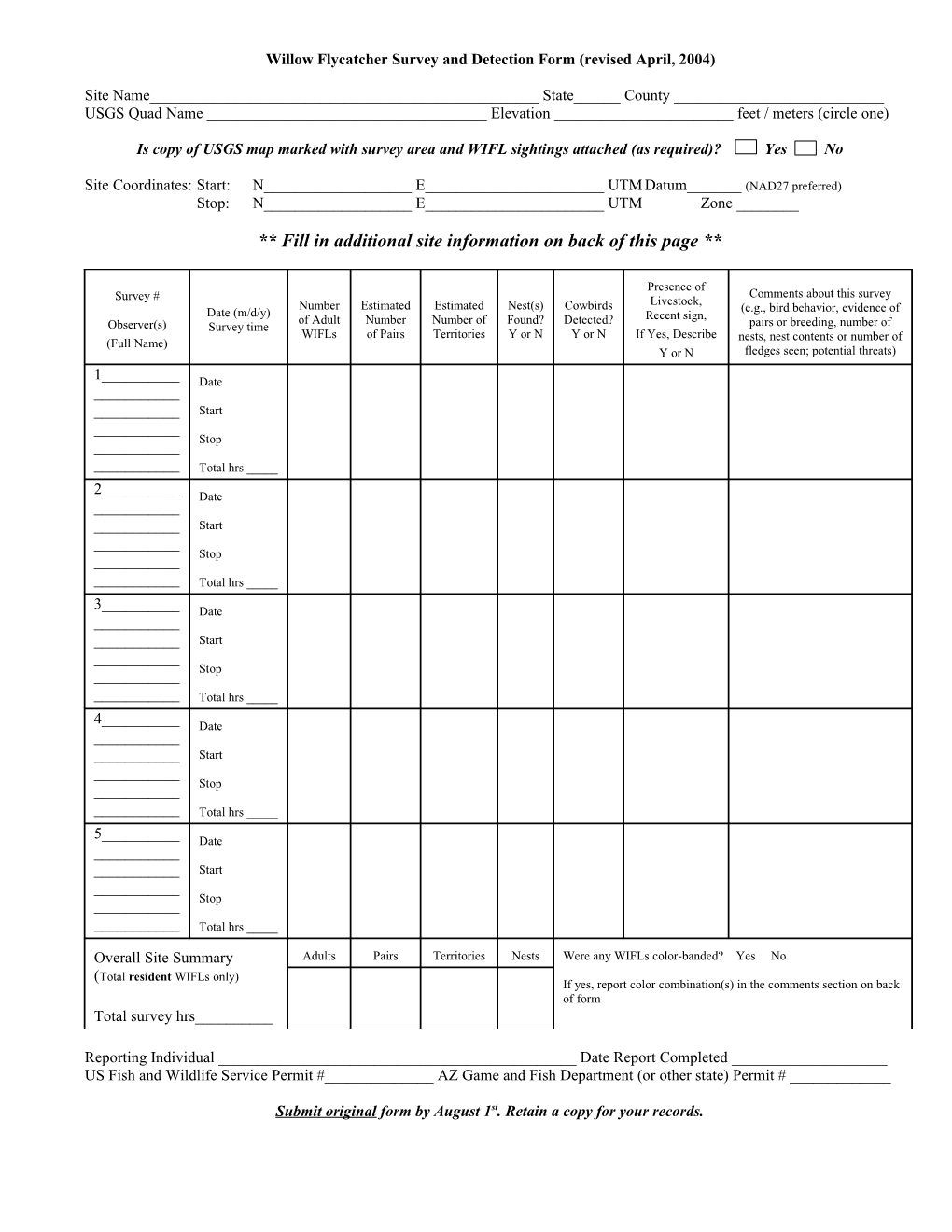 Willow Flycatcher Survey and Detection Form (Rev