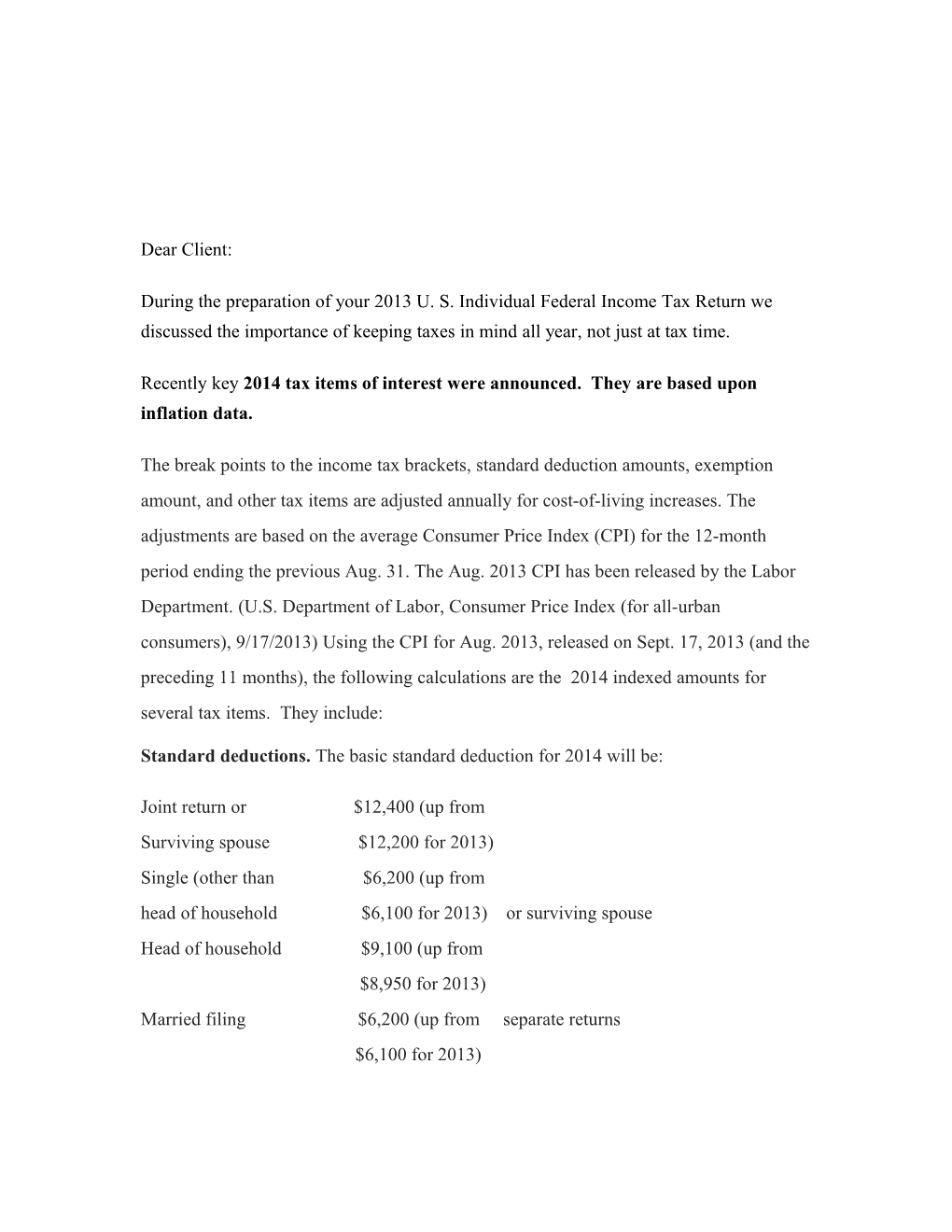 Key 2014 Tax Items As Calculated by RIA Based on Inflation Data