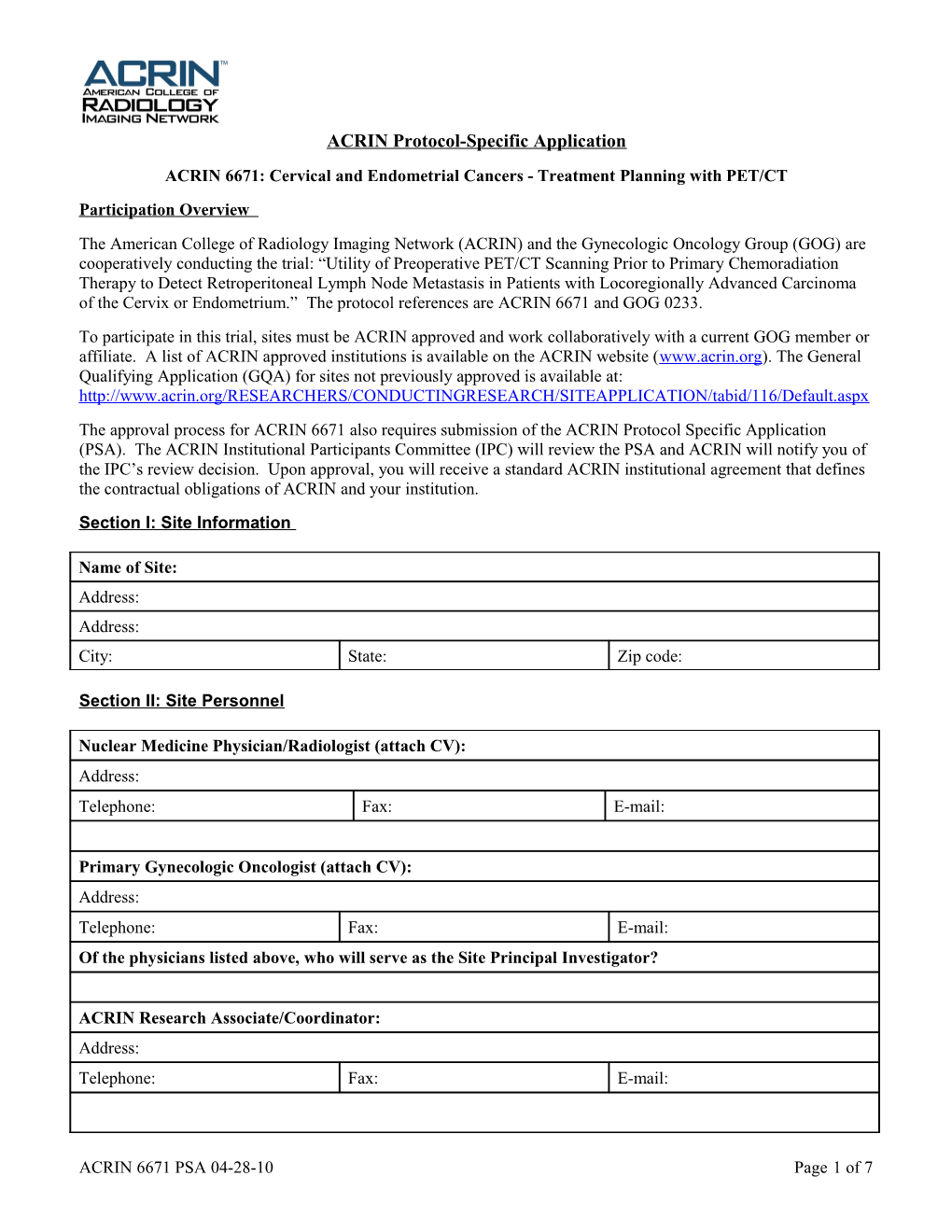 ACRIN Protocol-Specific Application