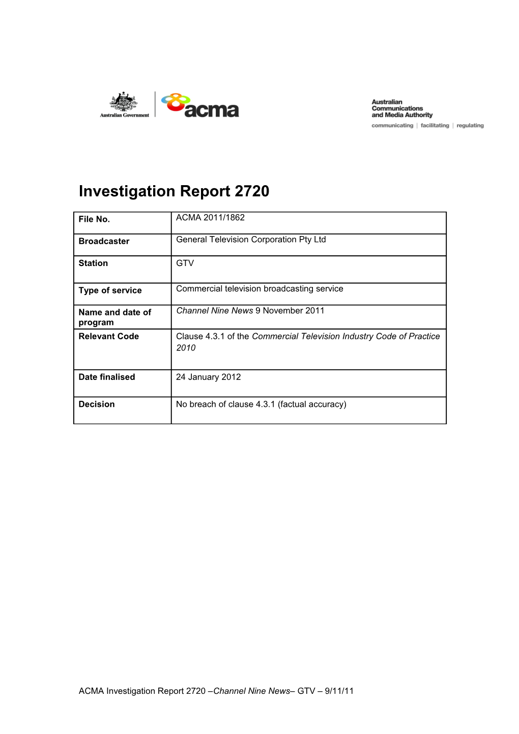 GTV9 - ACMA Investigation Report 2720