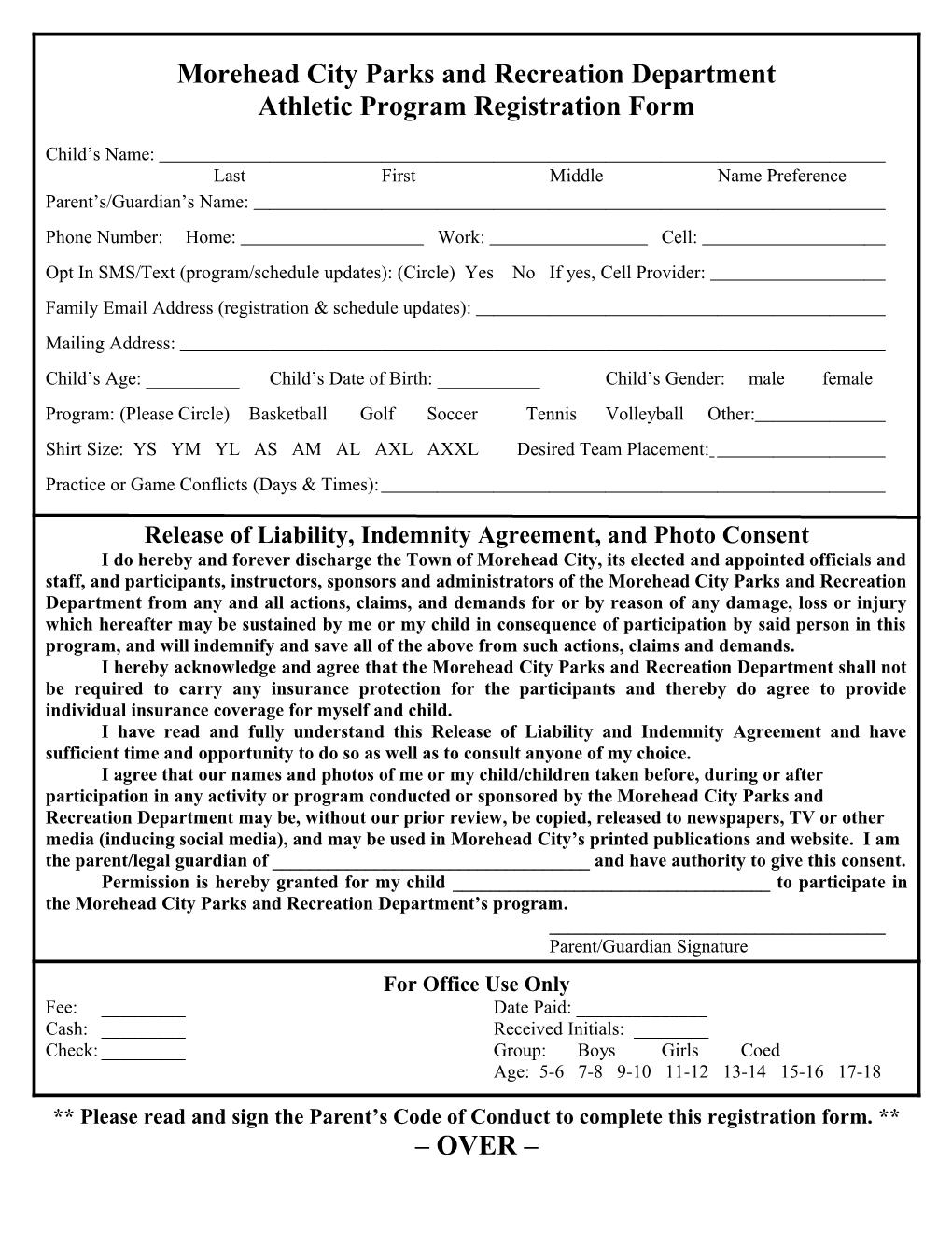 Athletic Program Registration Form