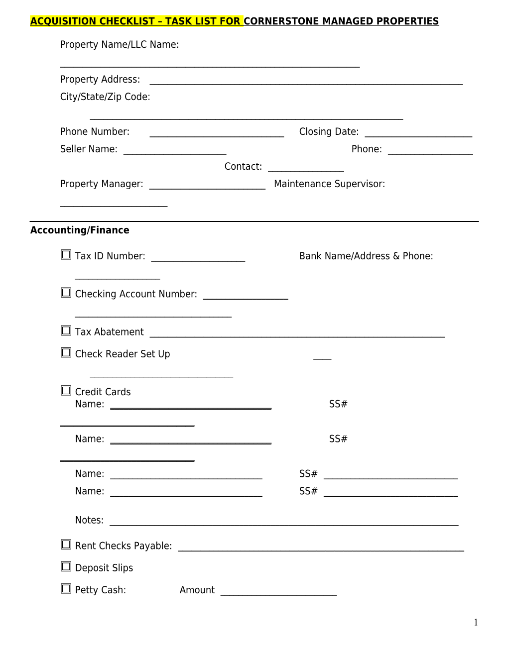 Acquisition Checklist Task List for KMP