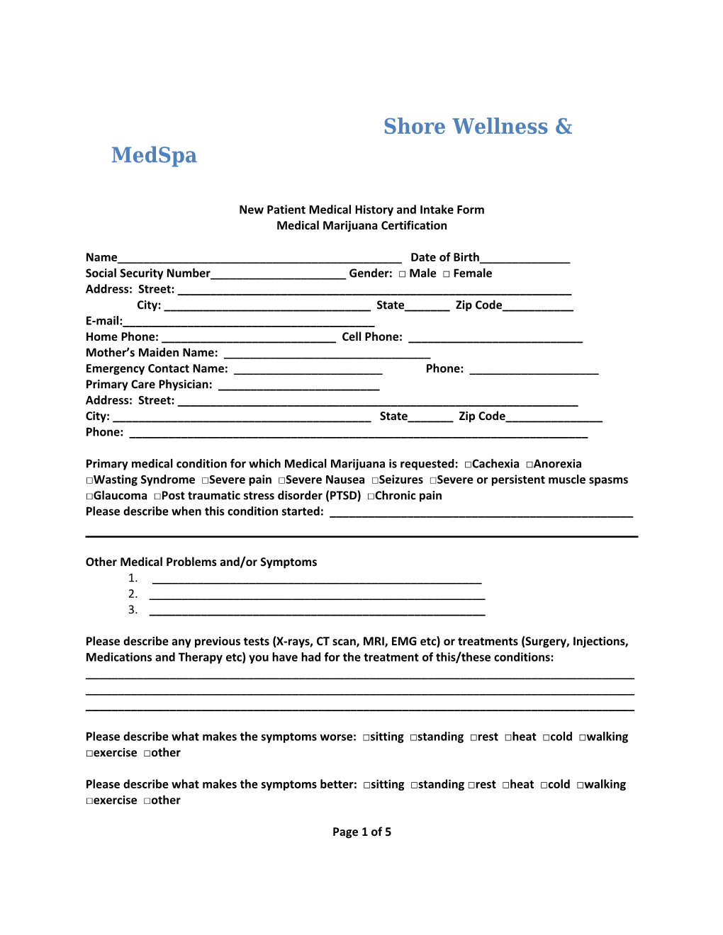 New Patient Medical History and Intake Form