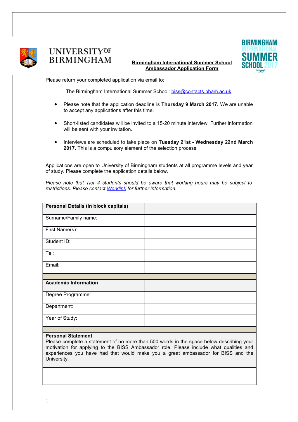 Birmingham International Summer School Ambassador Application Form