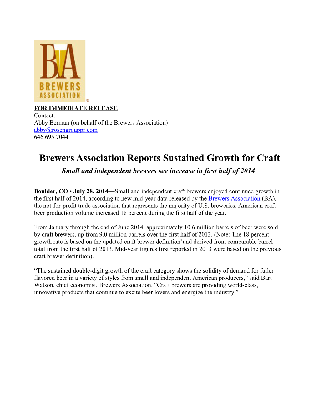Brewers Association Reportssustained Growthfor Craft
