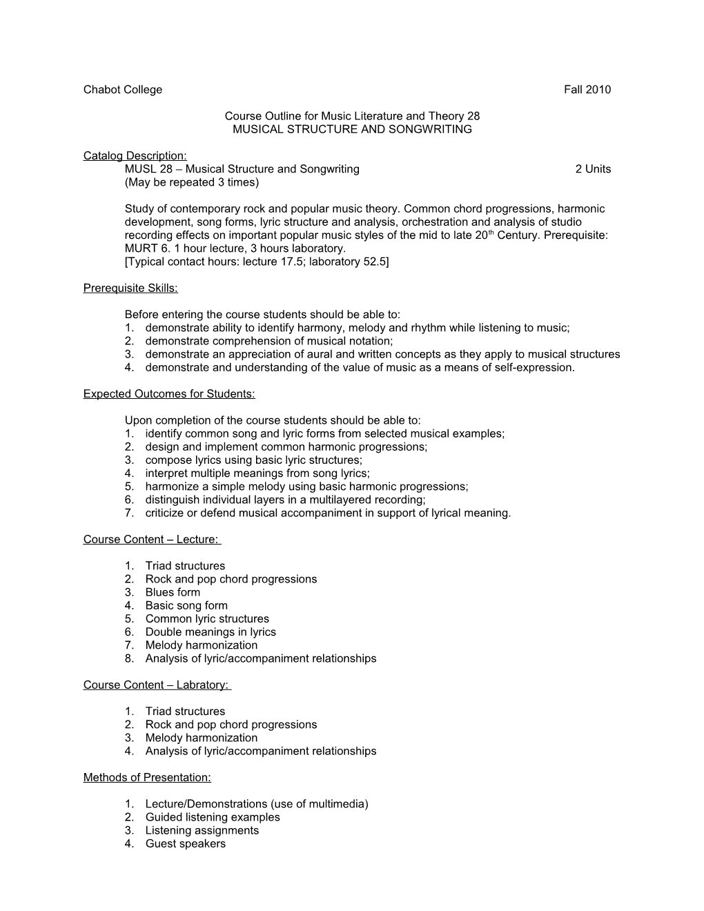 Course Outline for Music Literature and Theory 28, Page 1