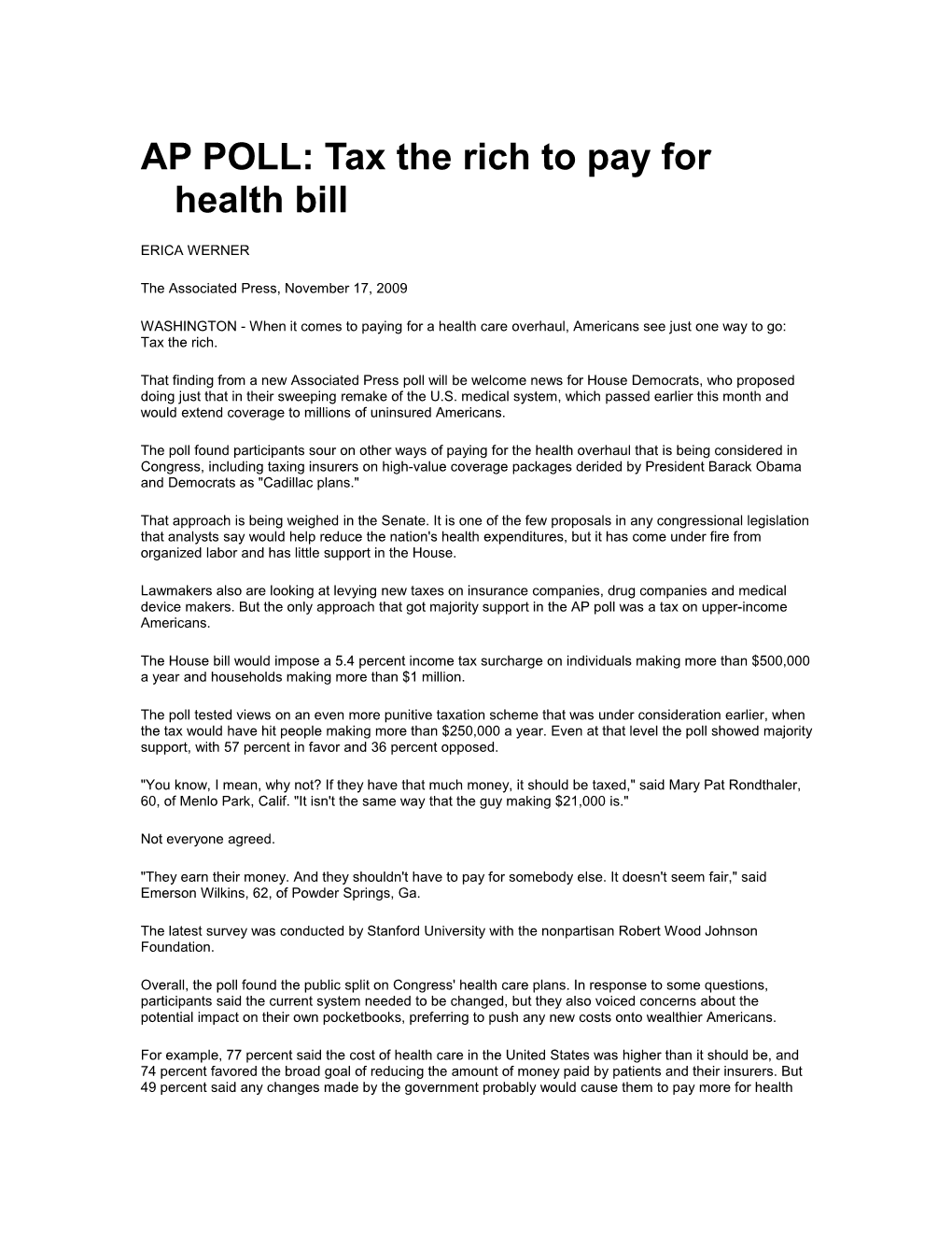 AP POLL: Tax the Rich to Pay for Health Bill