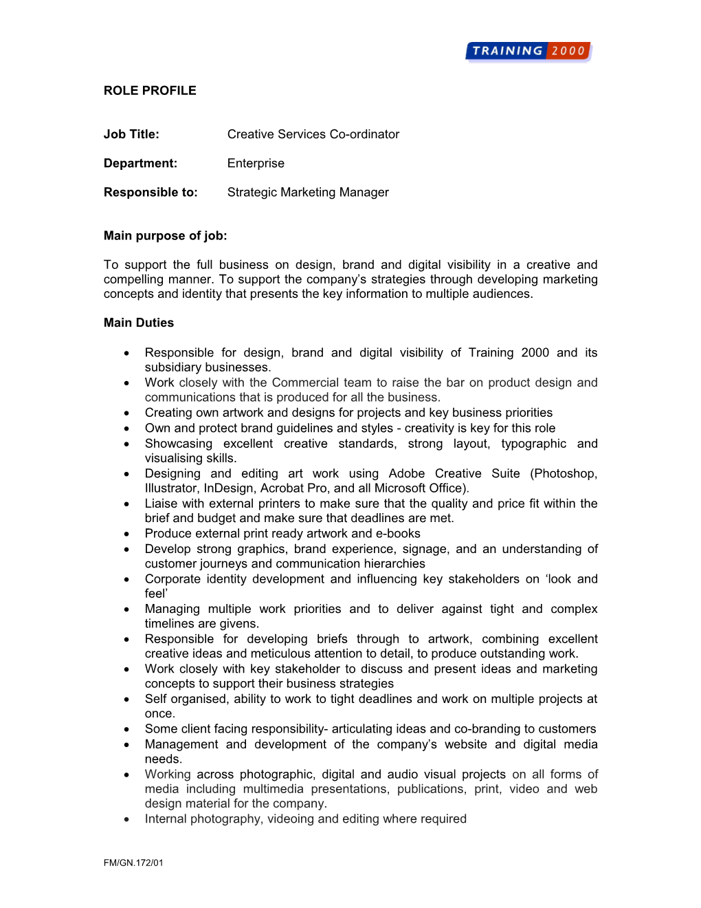 Job Title: Creative Services Co-Ordinator