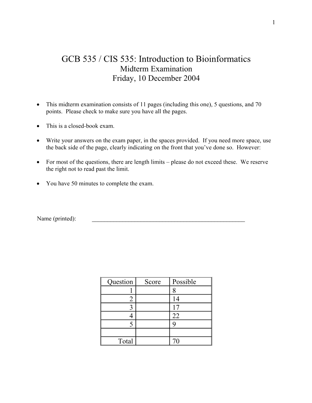 GCB 535 / CIS 535: Introduction to Bioinformatics