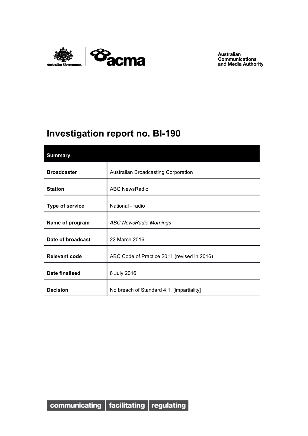 Investigation Report No. BI-190