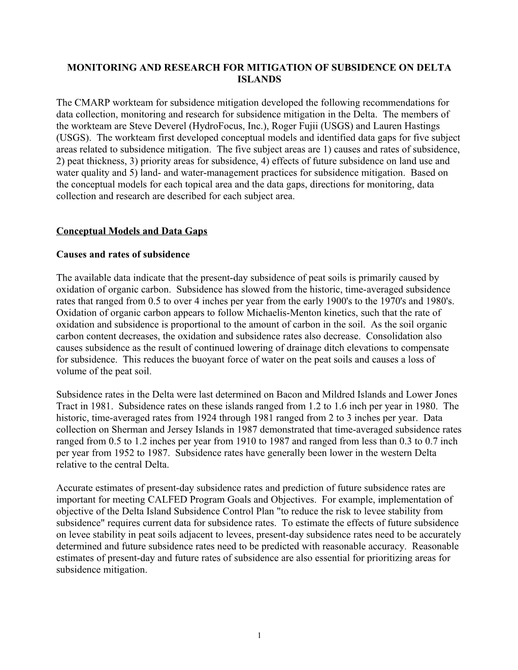 Monitoring and Research for Mitigation of Subsidence on Delta Islands