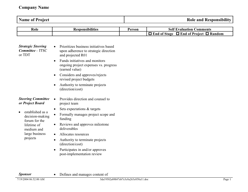 Project Role and Responsibility Form