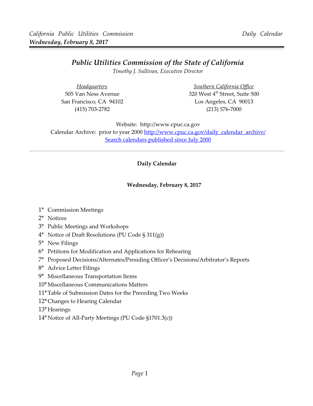 California Public Utilities Commission Daily Calendar Wednesday, February 8, 2017