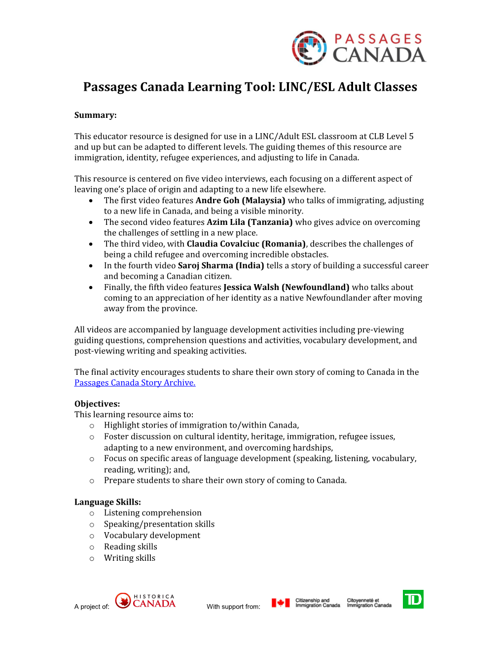 Passages Canada Learning Tool: LINC/ESL Adult Classes