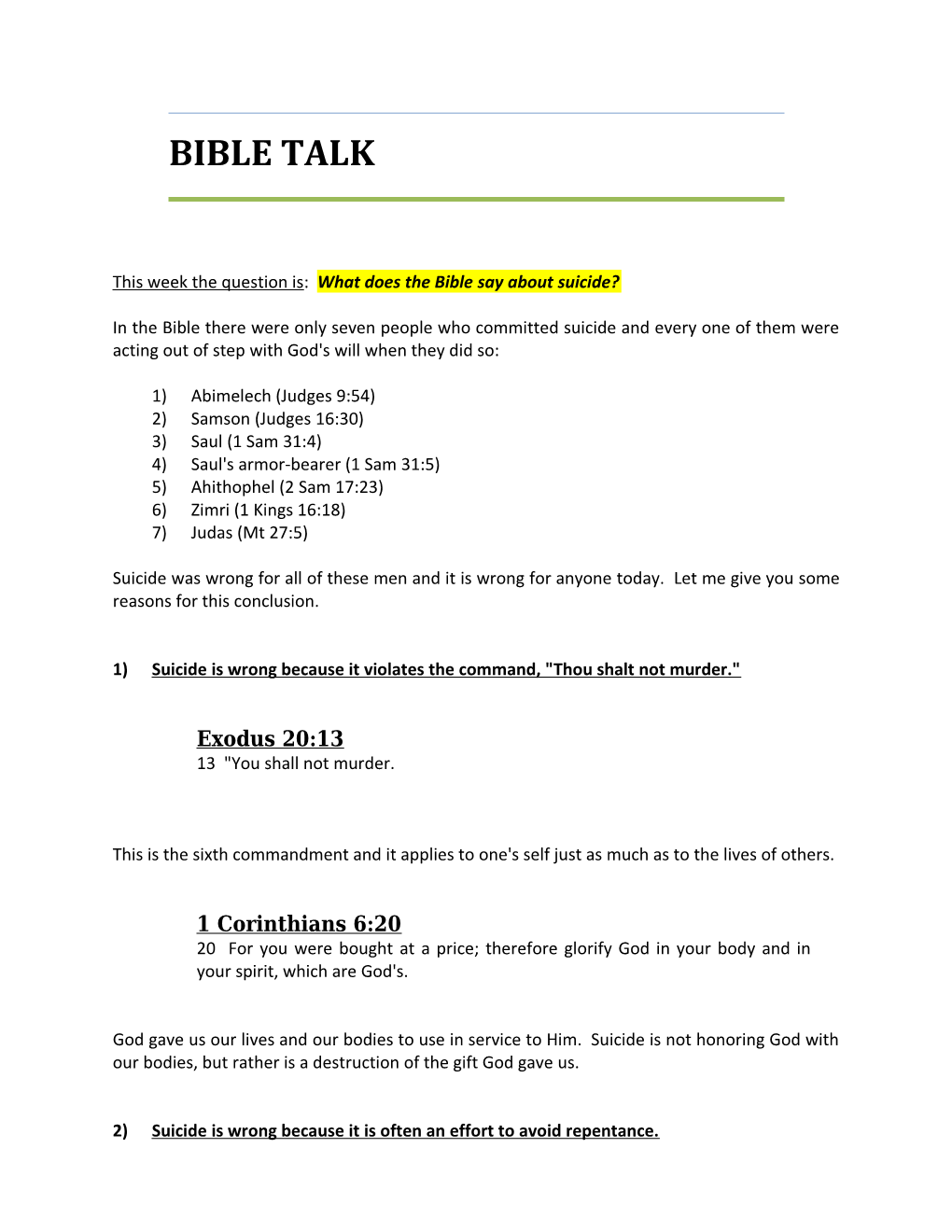 This Week the Question Is: What Does the Bible Say About Suicide?