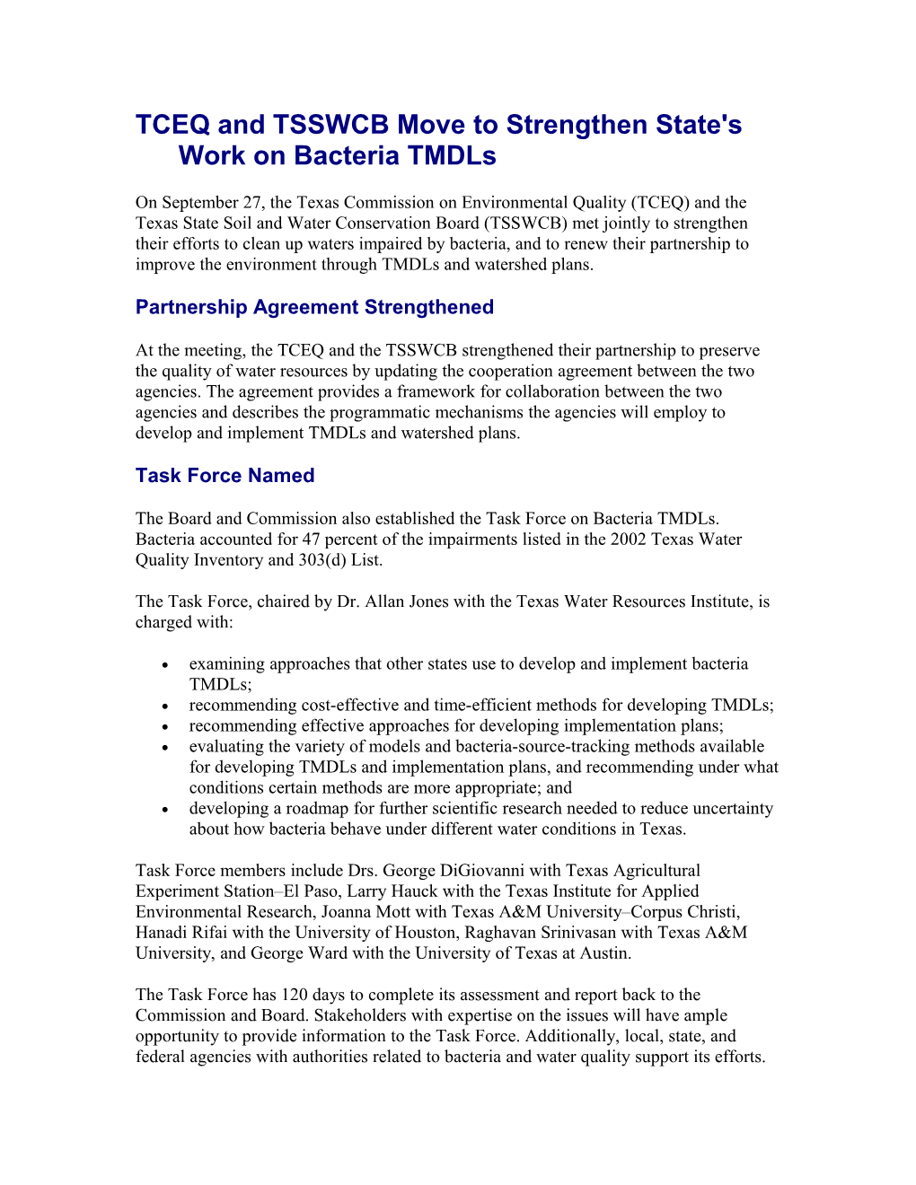 TCEQ and TSSWCB Move to Strengthen State's Work on Bacteria Tmdls
