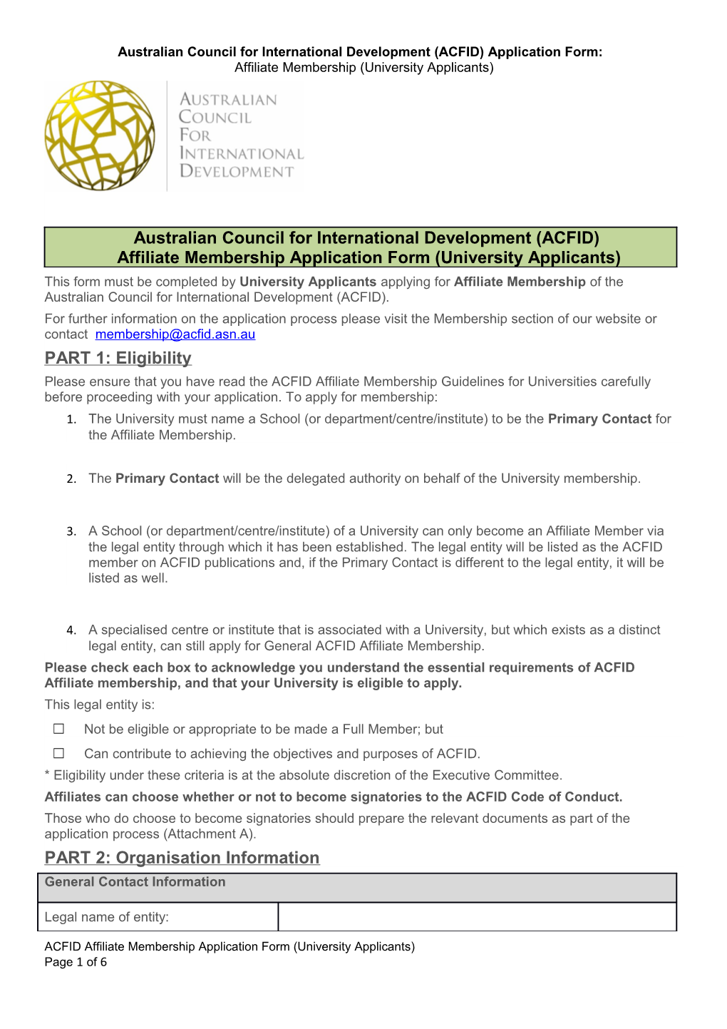 Australian Council for International Development (ACFID) Application Form