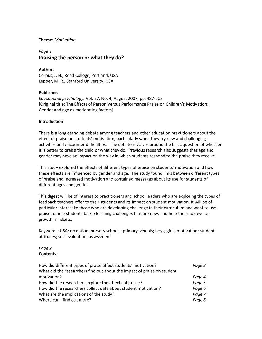 The Effects of Person Versus Performance Praise on Children S Motivation: Gender and Age