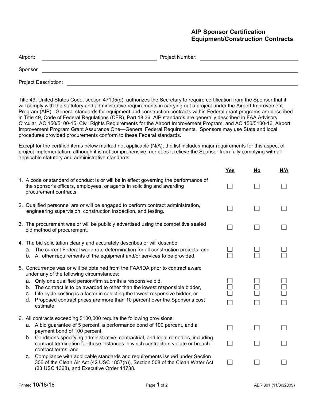 AIP Sponsor Certification Equipment/Construction Contracts