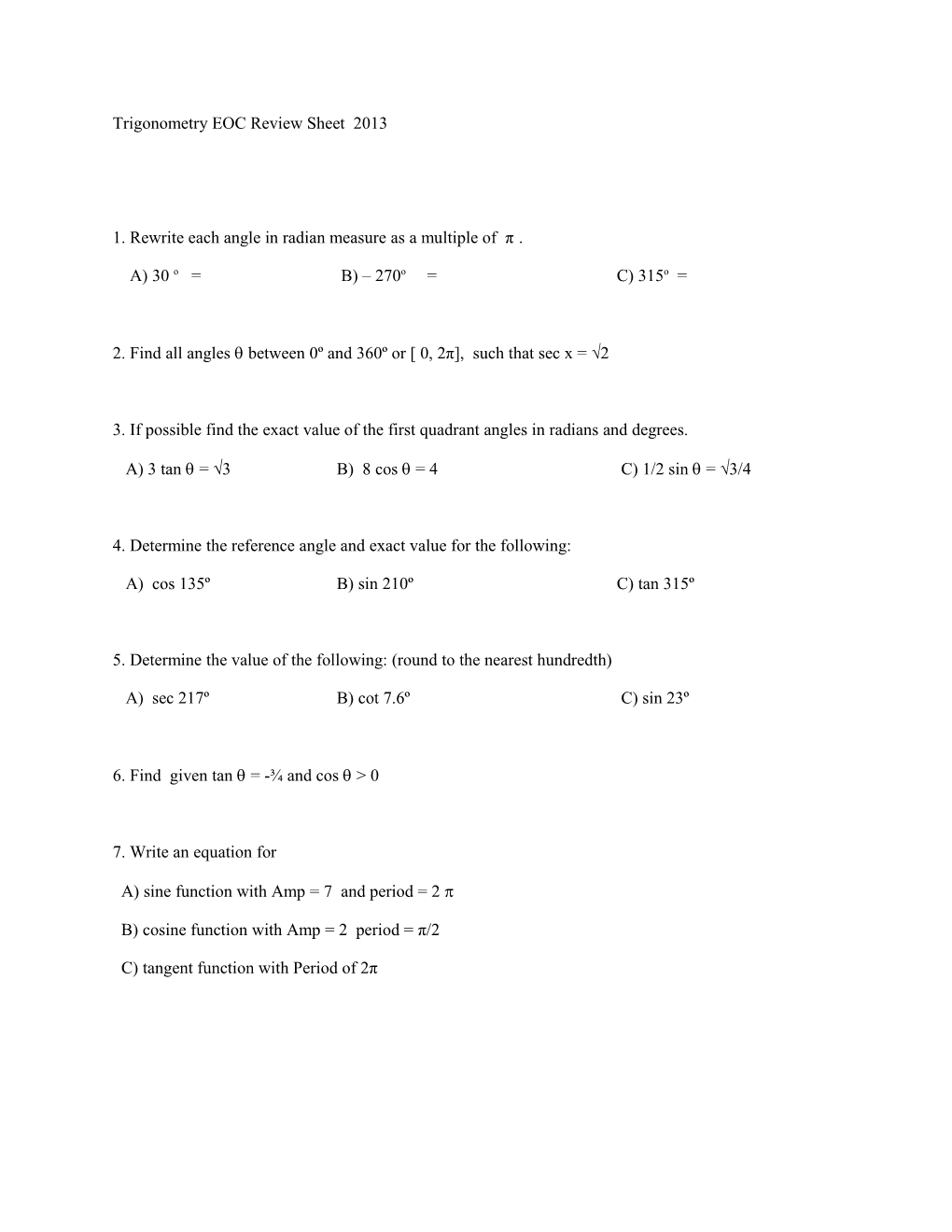 Trigonometry EOC Review Sheet 2013