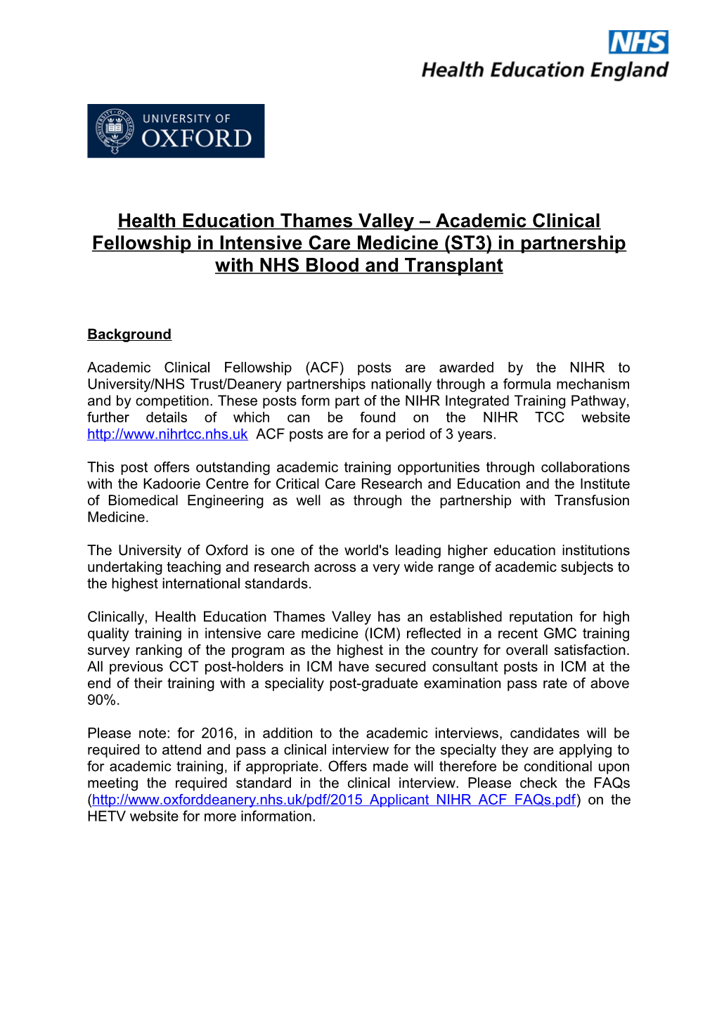 Health Education Thames Valley Academic Clinical Fellowship in Intensive Care Medicine