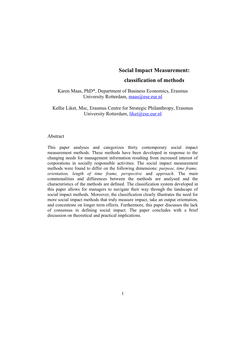 Social Impact Measurement: Classification of Methods