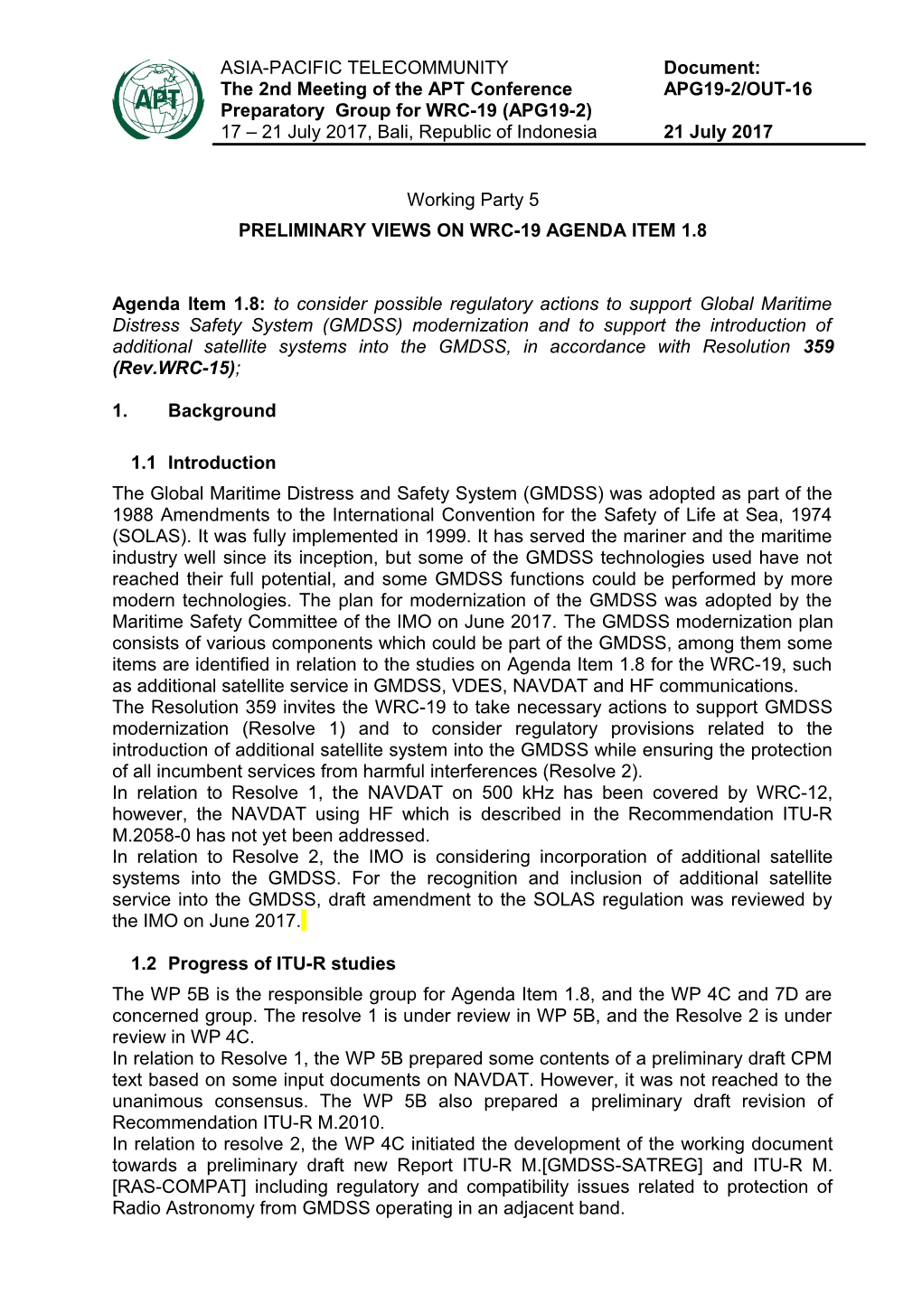 PRELIMINARY Views on WRC-19 Agenda Item 1.8