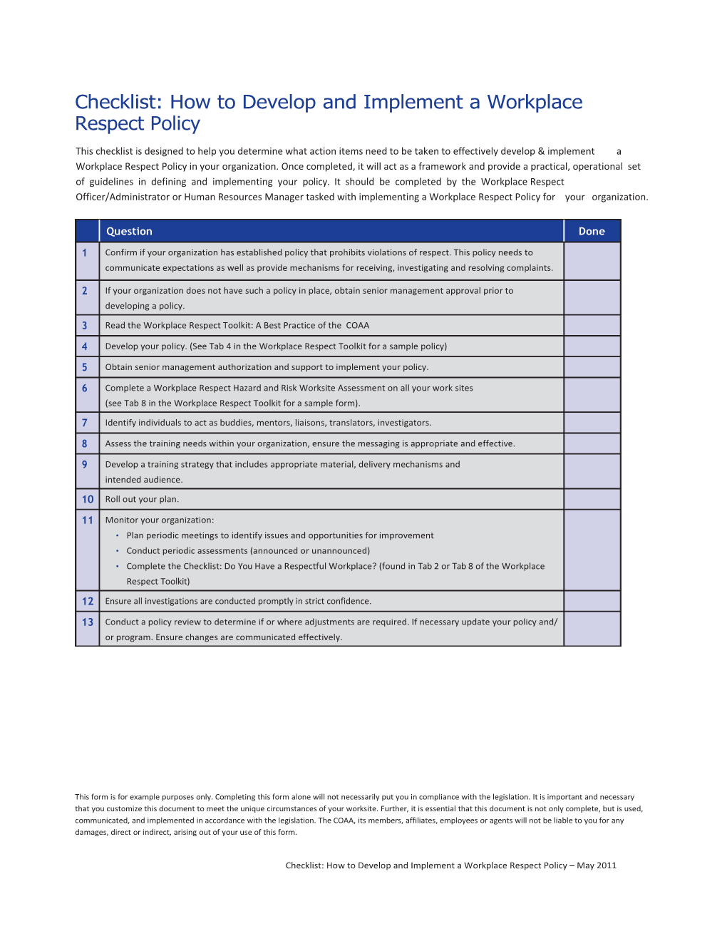 Checklist:Howtodevelopandimplementaworkplace Respect Policy