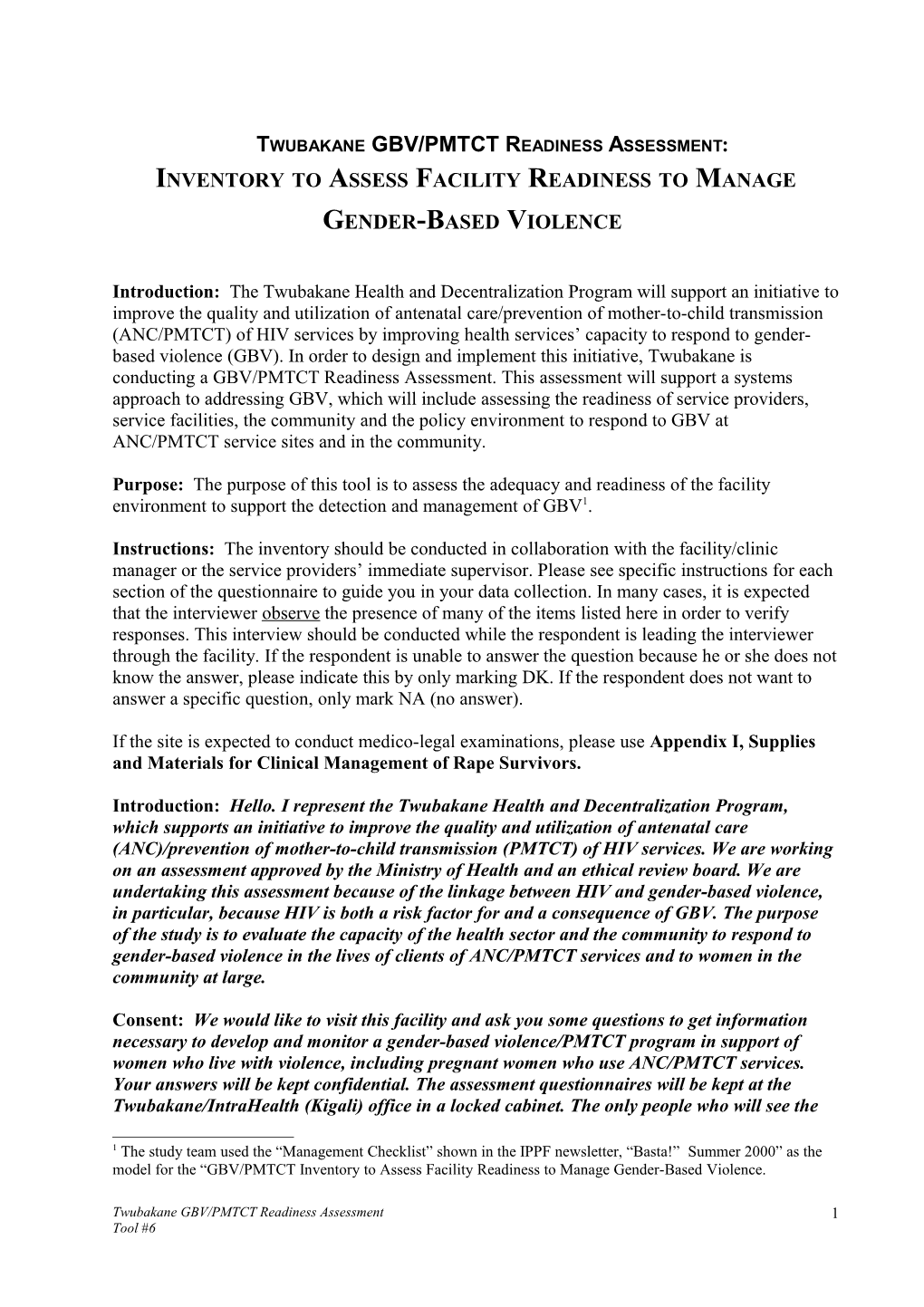 Twubakane GBV/PMTCT Readiness Assessment