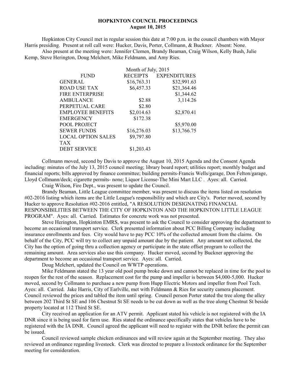 Hopkinton Council Proceedings