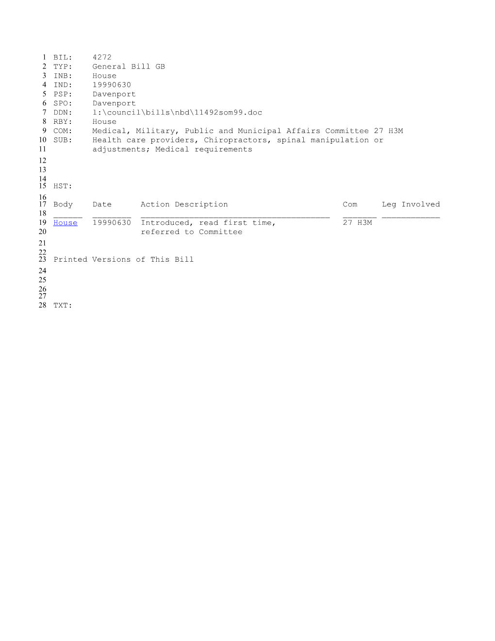 1999-2000 Bill 4272: Health Care Providers, Chiropractors, Spinal Manipulation Or Adjustments;