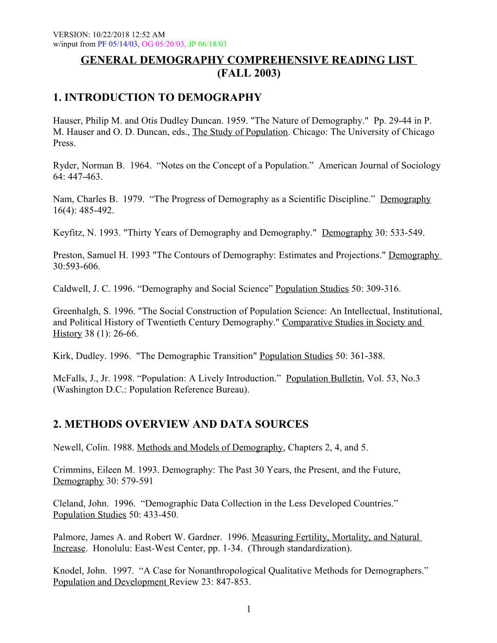 General Approaches to the Study of Population (Soc 389K