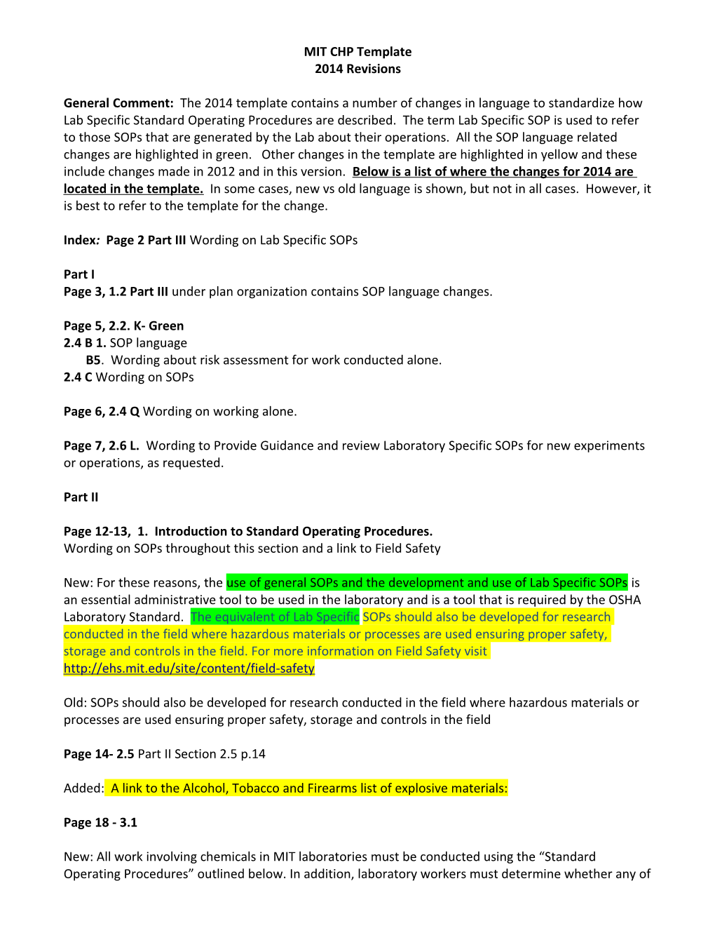 Index: Page 2 Part III Wording on Lab Specific Sops