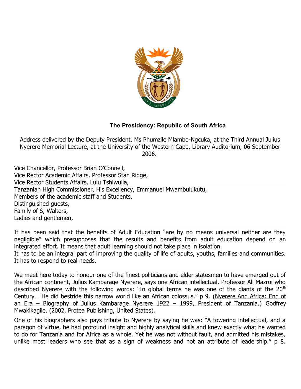 The Presidency: Republic of South Africa