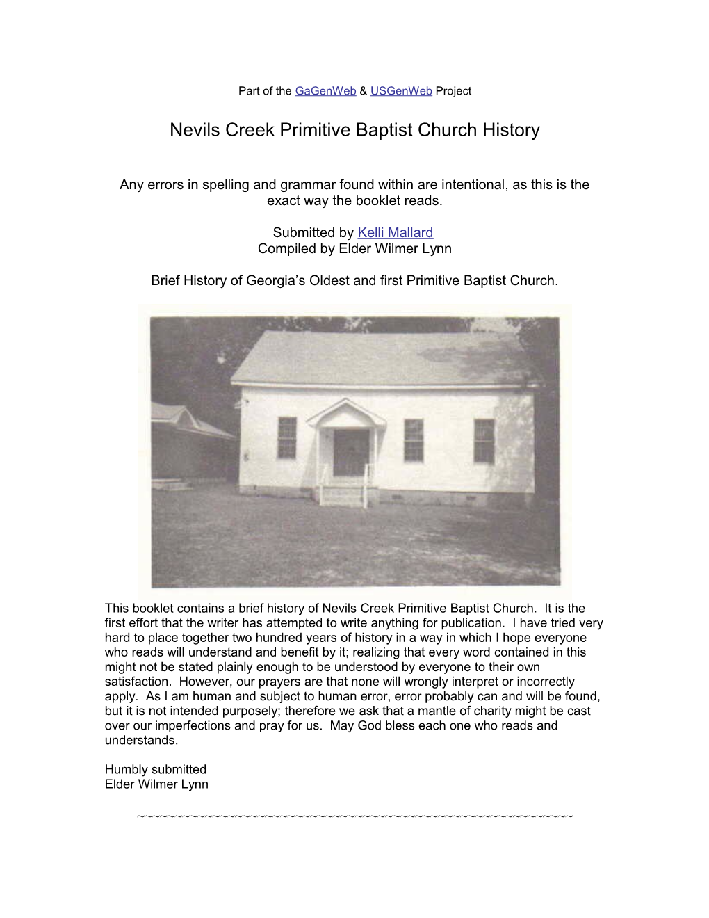 Nevils Creek Primitive Baptist Church History