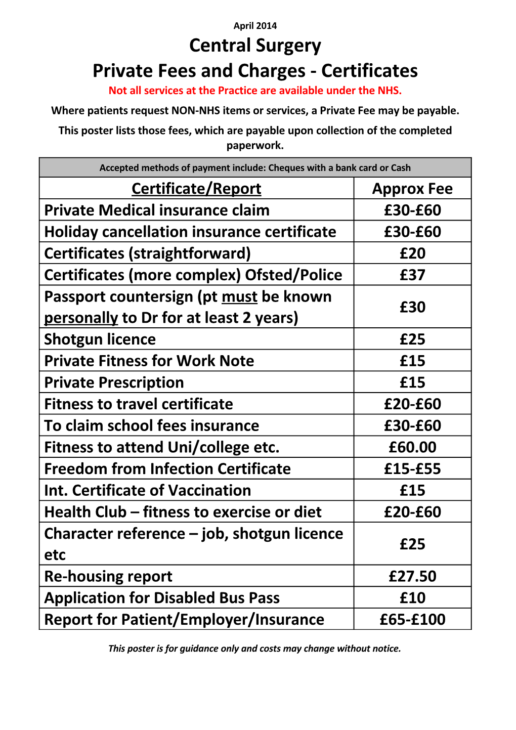 Private Feesand Charges - Certificates