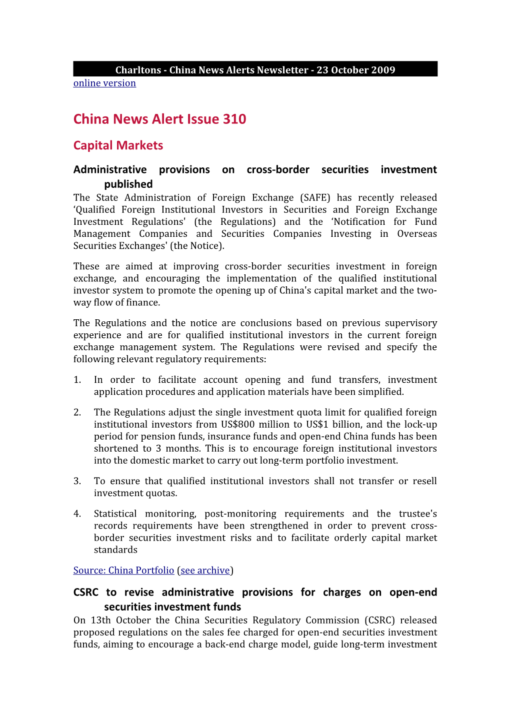 Charltons - China News Alerts Newsletter - 23 October 2009