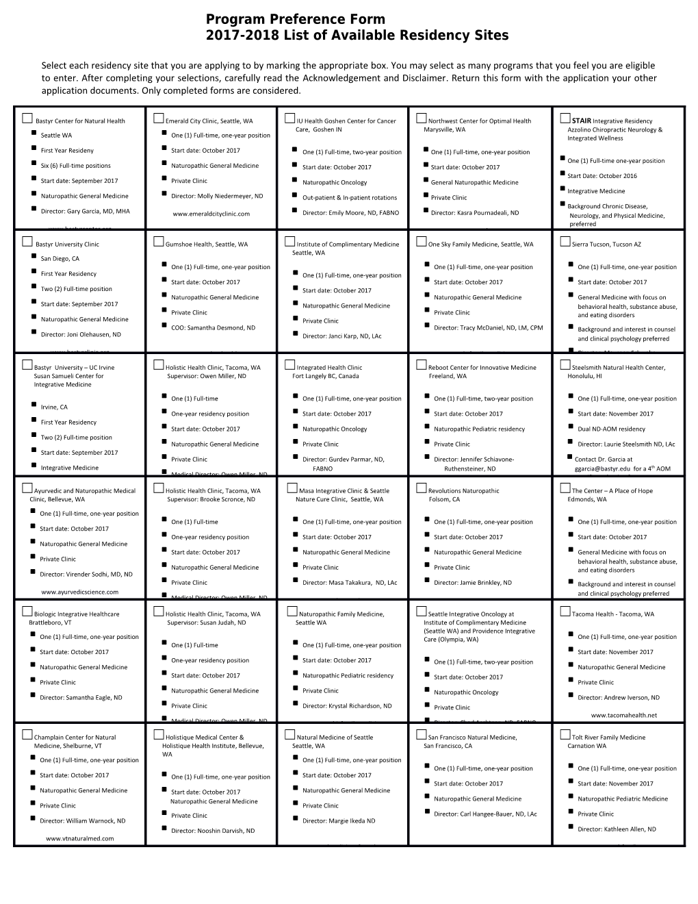 2017-2018 List of Available Residency Sites