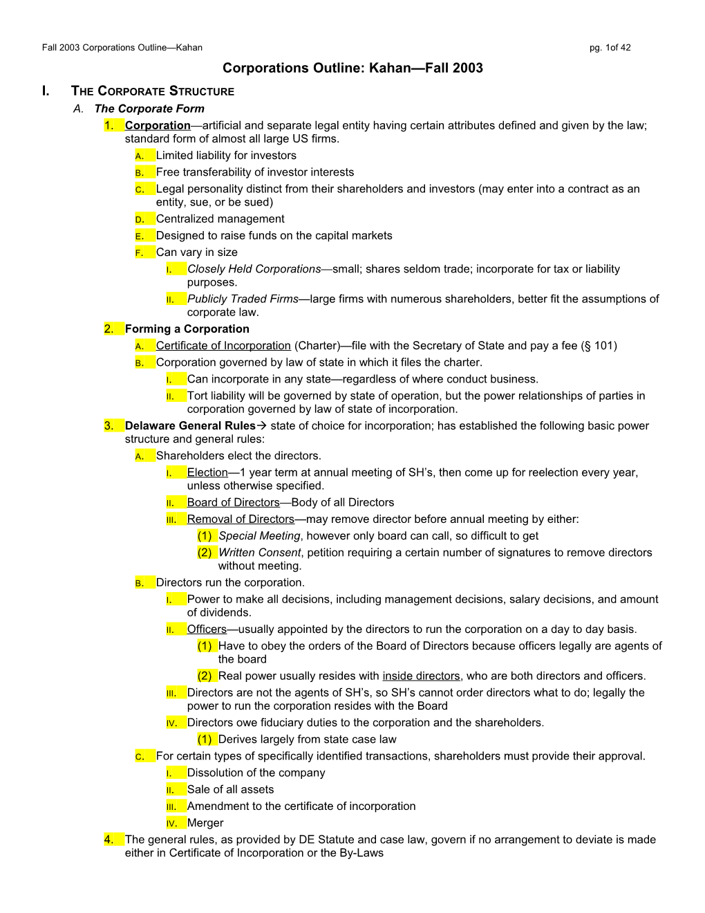 Corporations Outline: Kahan Fall 2003