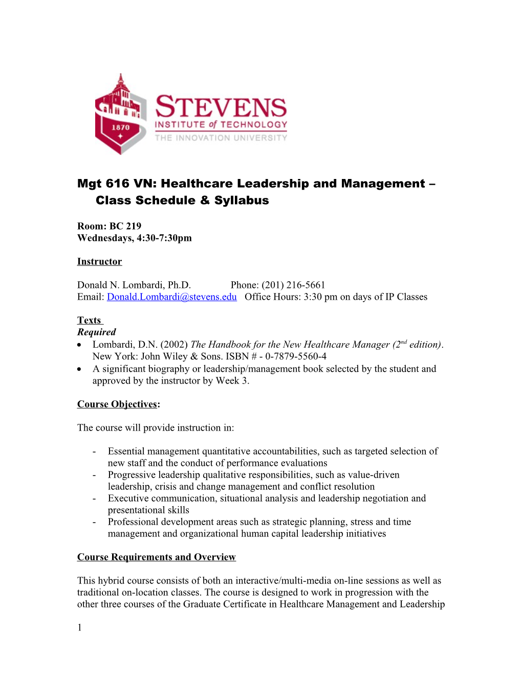 Mgt 616 VN: Healthcare Leadership and Management Class Schedule & Syllabus