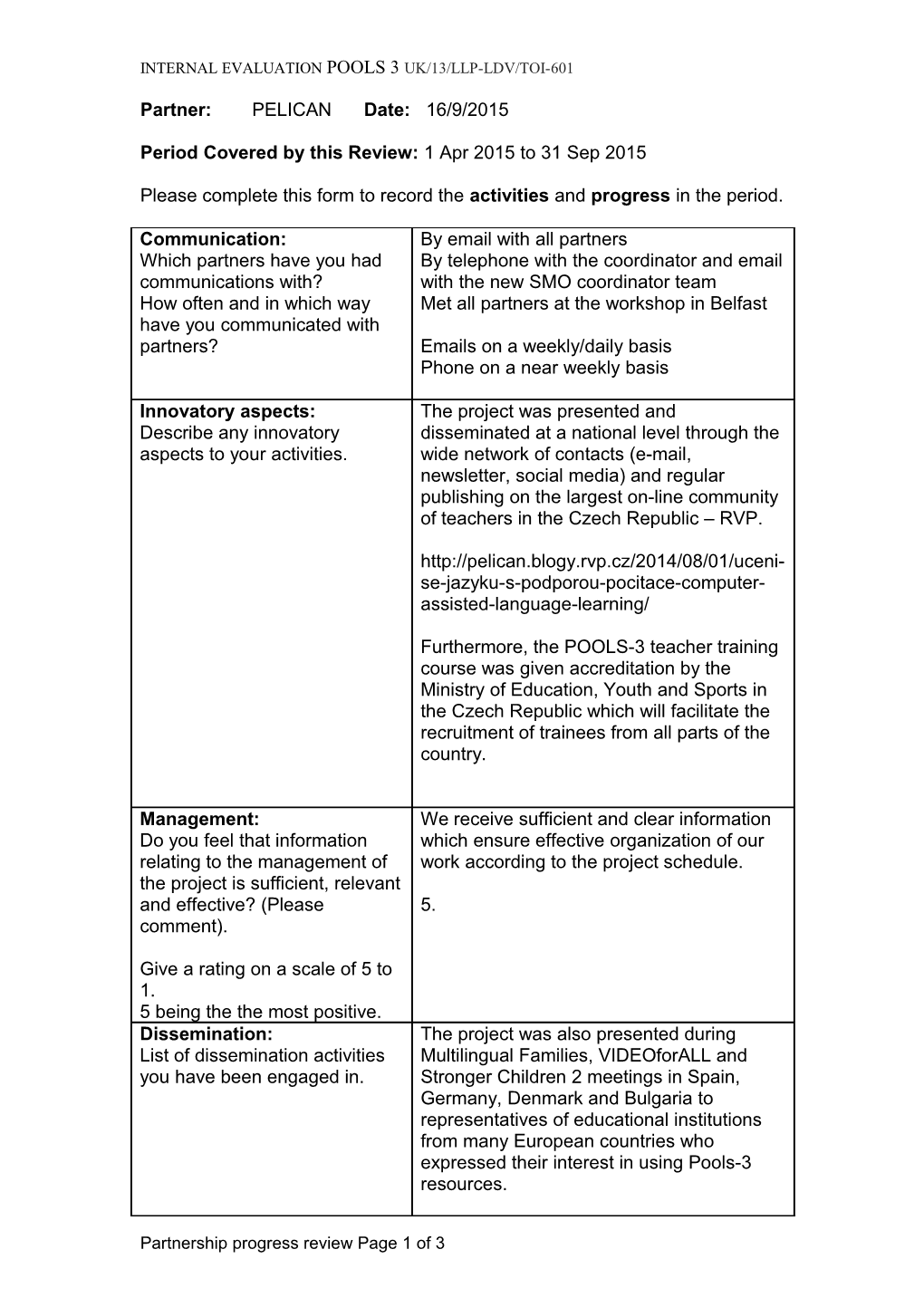 Internal Evaluation Pools 3Uk/13/Llp-Ldv/Toi-601