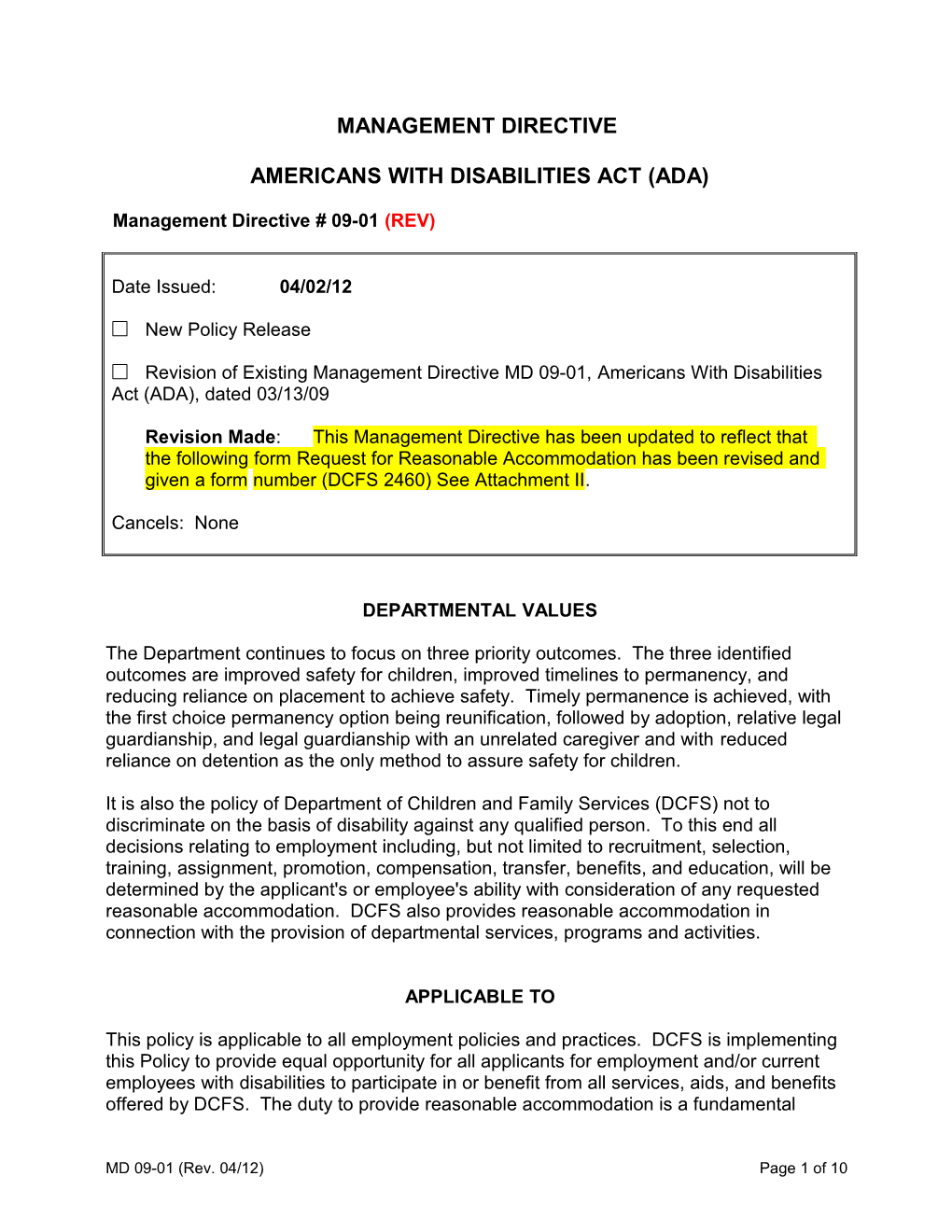 MD 09-01 (REV), Americans with Disabilities Act (ADA)