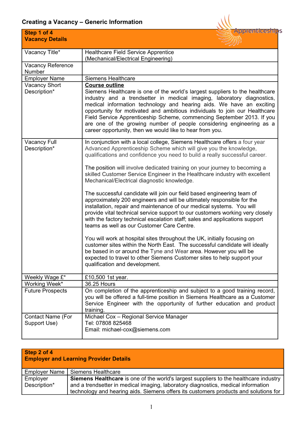 Creating a Vacancy Generic Information