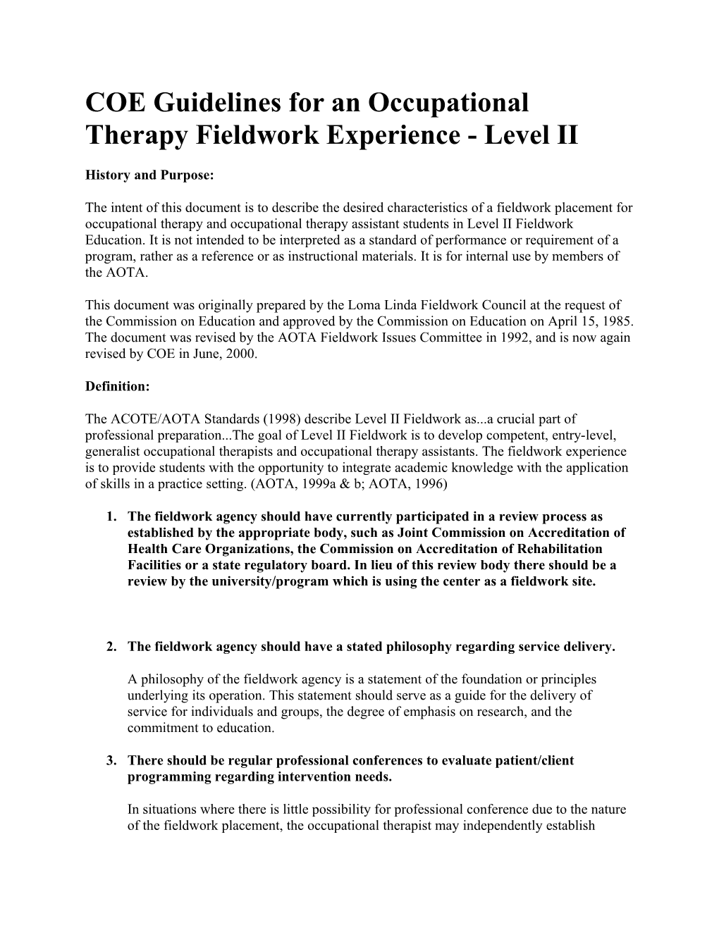 COE Guidelines for an Occupational Therapy Fieldwork Experience - Level II